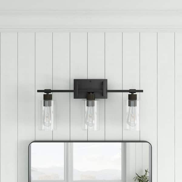 21.6 in. 3-Light Black Bathroom Dimmable Vanity Light with Clear Glass Shades