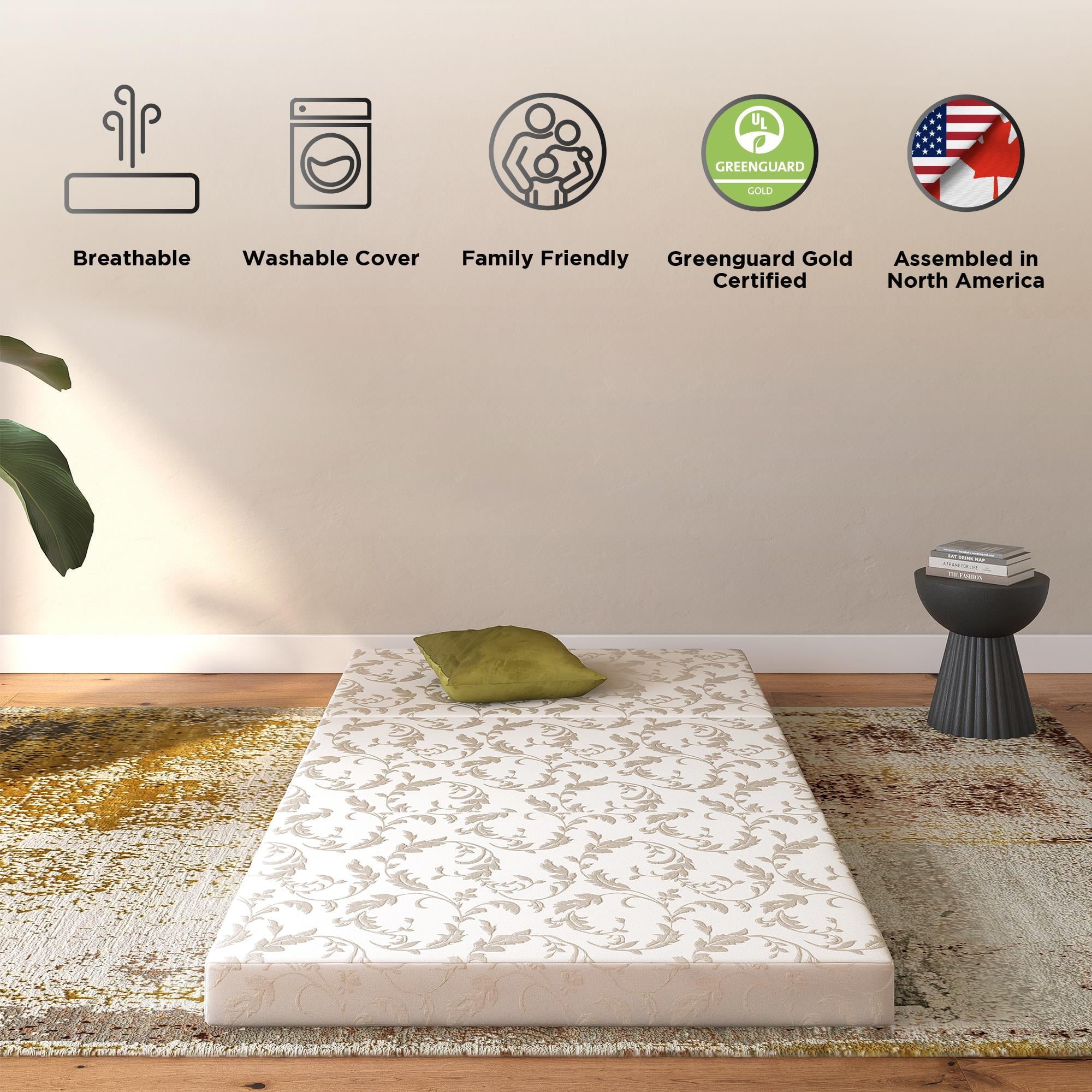 Aries 4-Inch Tri Folding Mattress with Carry Bag and Washable Cover, Twin Size