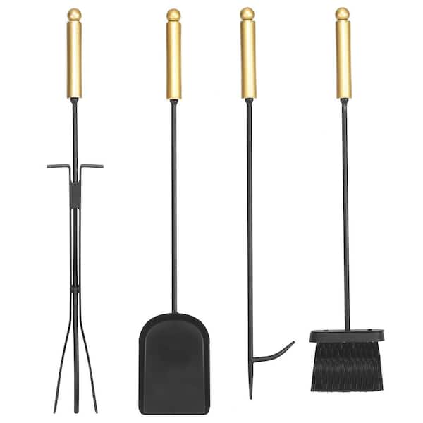 5-Pieces Fireplace Tool Set Rustic Wrought Iron Firewood Burning Polished Brass