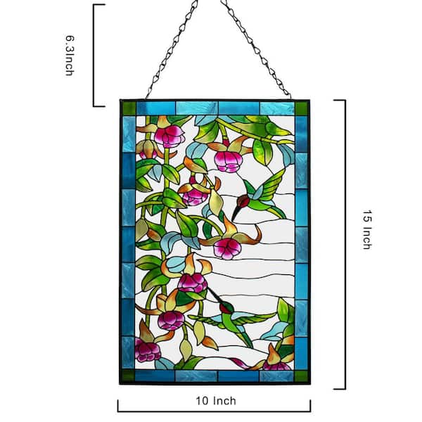 10 in. W x 15 in. H Hummingbird Stained Glass Window Hangings, Suncatcher Panel with Chain for Wall or Windows