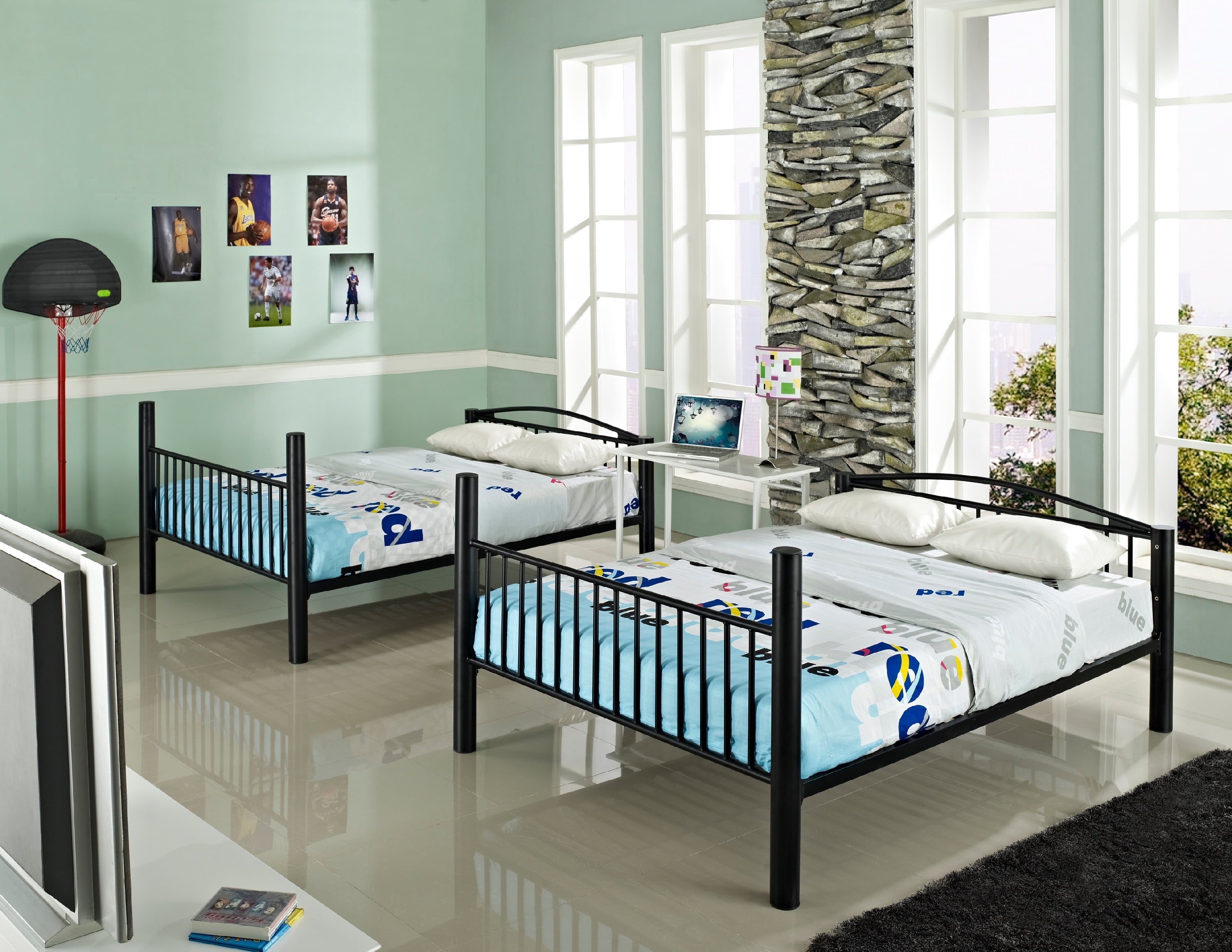 Kalmia Heavy Metal Full Over Full Convertible Bunk Bed with Built-In Ladder, Black