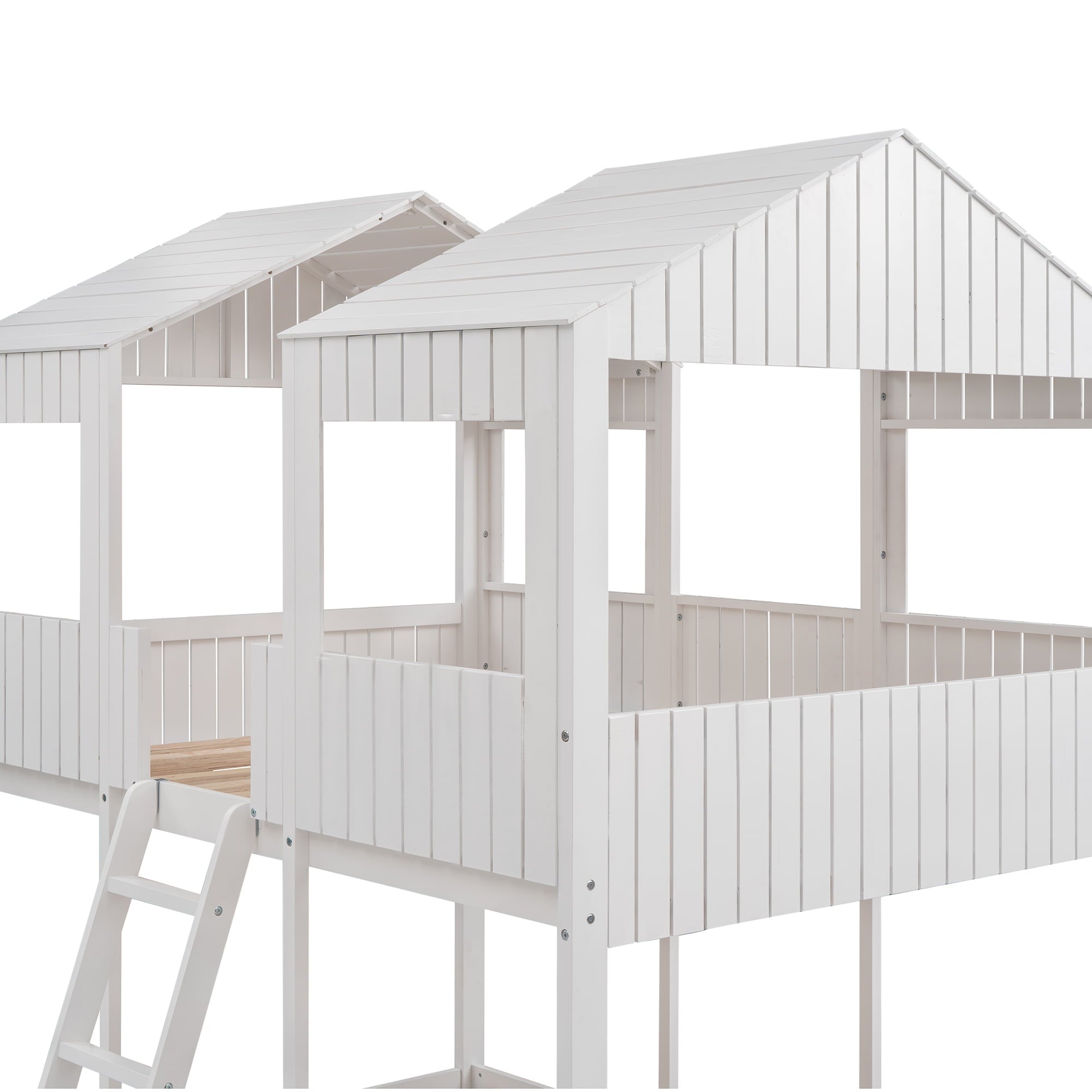 Full Over Full Bunk Bed House Bed with Dual Roofs, Wood Loft Bed Frame with Full-Length Guardrails & Inclined Ladder, Space Saving Design, No Box Spring Needed, White