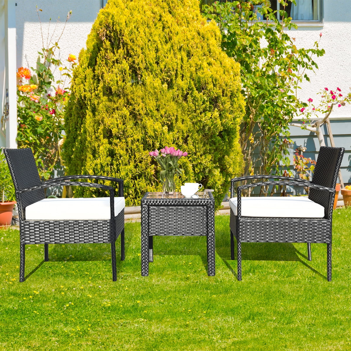 Costway 3PCS Patio Rattan Furniture Set Coffee Table & Chairs Set with Seat Cushions Garden