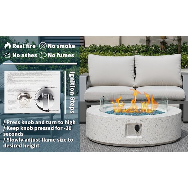 41 in. 50000 BTU Elegant White Round Composite GRFC Fire Pit Table with Glass Wind Guard and Water-Resistent Cover