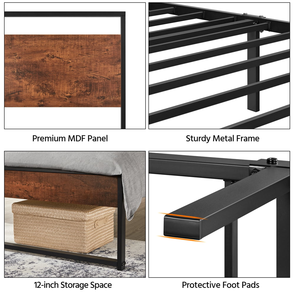 Topeakmart Rustic Metal Bed Frame Slatted Bed Base with Wooden Headboard and Footboard, Twin