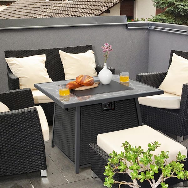 35 in. Propane Gas Fire Pit Table Patio PE Wicker Rattan w/Lava Rocks PVC Cover