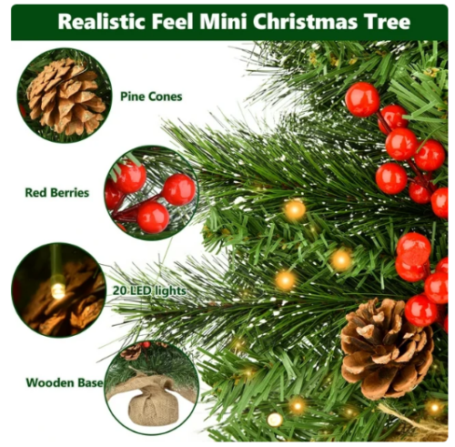 Mini Christmas Tree with Lights, 20inch Table Top Miniature Christmas Tree