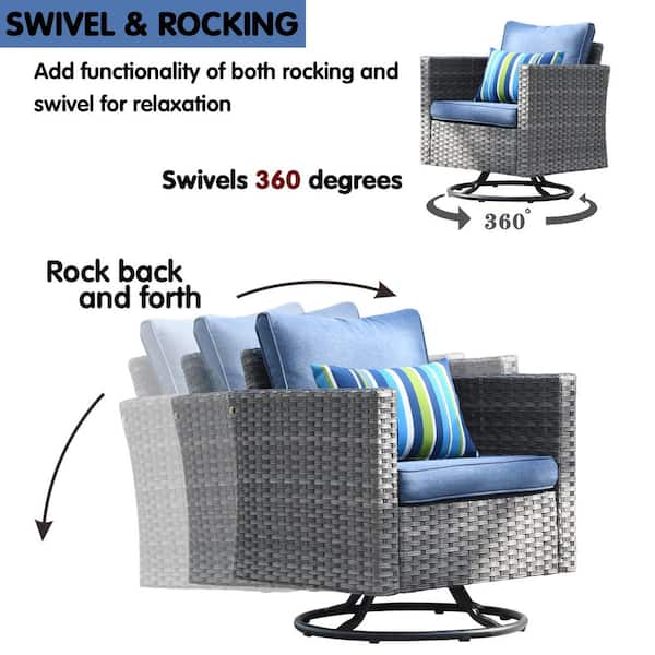 Mirage 6-Piece Wicker Patio Rectangular Fire Pit Set and with Denim Blue Cushions and Swivel Rocking Chairs