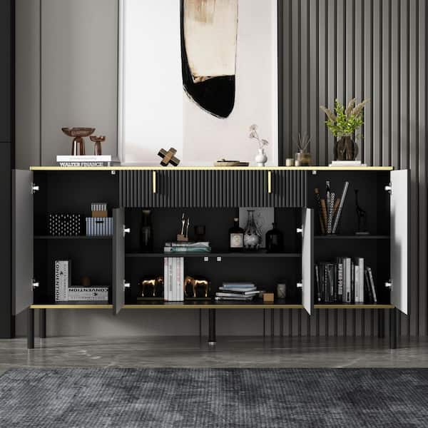 Black Wavy Paint Finish Floor-Standing Sideboard Cupboard with 4-Doors 2-Drawers Adjustable Shelves