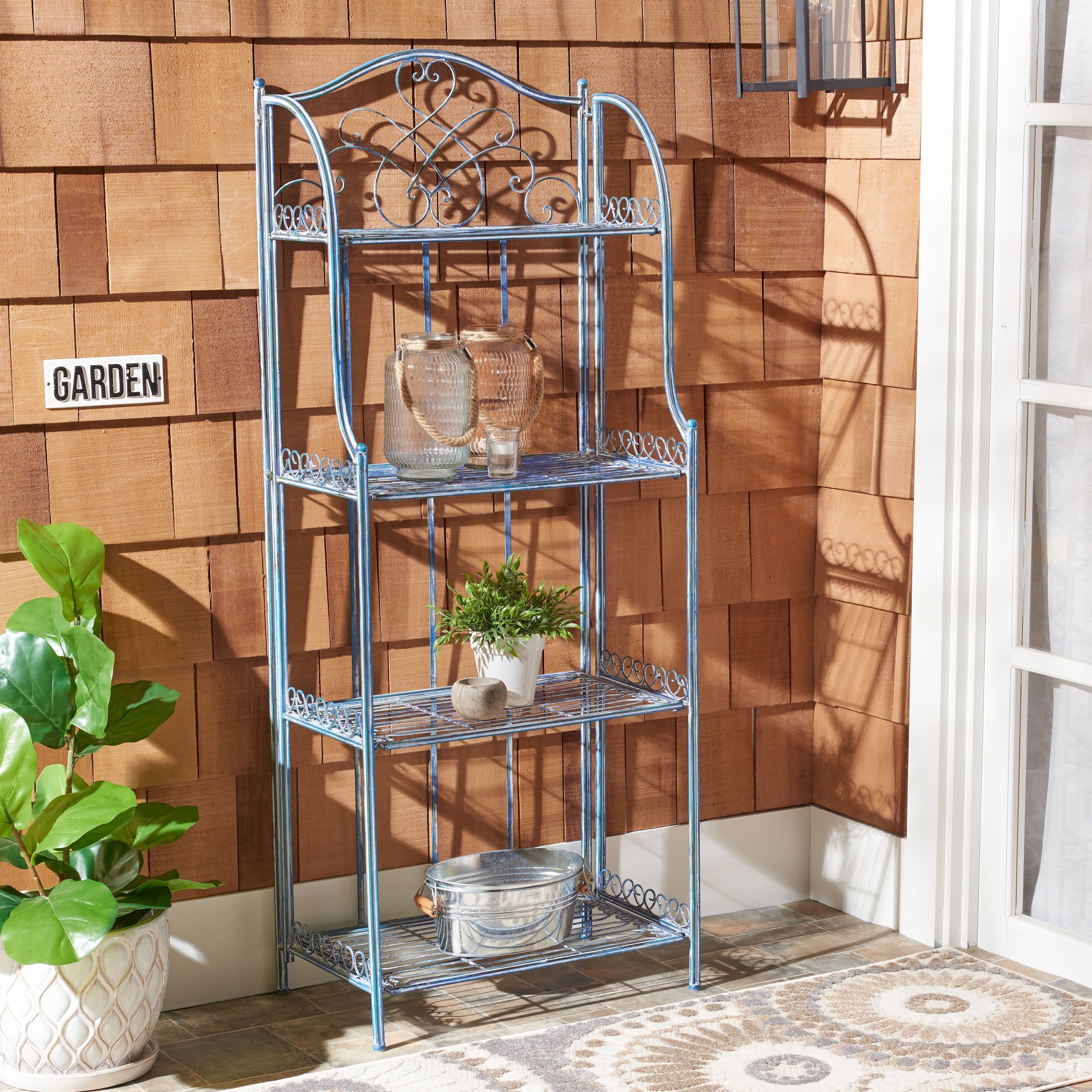 Safavieh  Amaris Victorian Wrought Iron 4-Tier Outdoor Bakers Rack. - 25 in. W x 15 in. D x 63 in. H Antique Blue