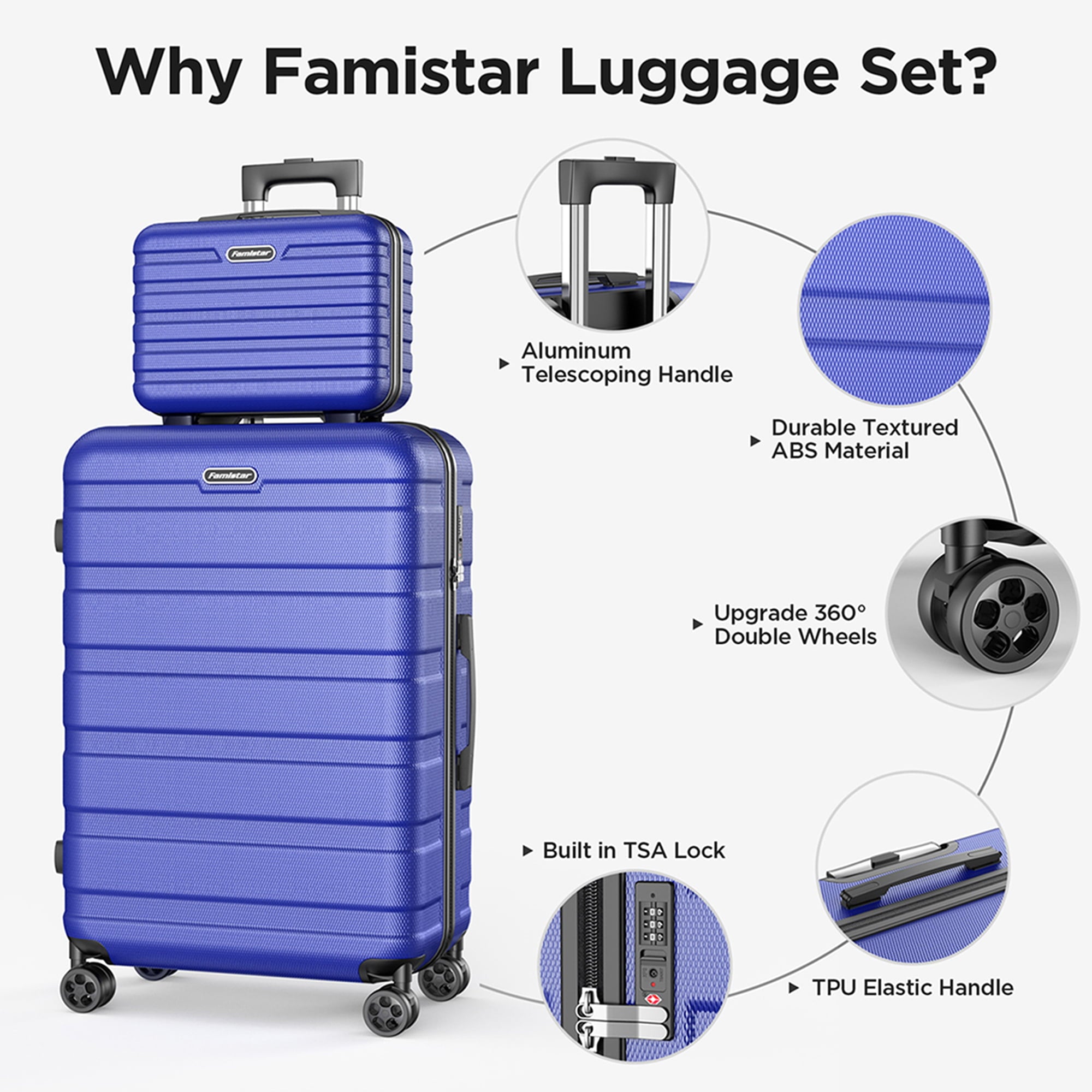 Famistar Carry On Luggage Suitcase Set 4 Piece - ABS Hardshell Luggage with Embedded TSA Lock, 360 ° Double Spinner Wheels - 14” Travel Case, 20” Carry On Luggage, 24” and 28” Checked Luggages, Blue