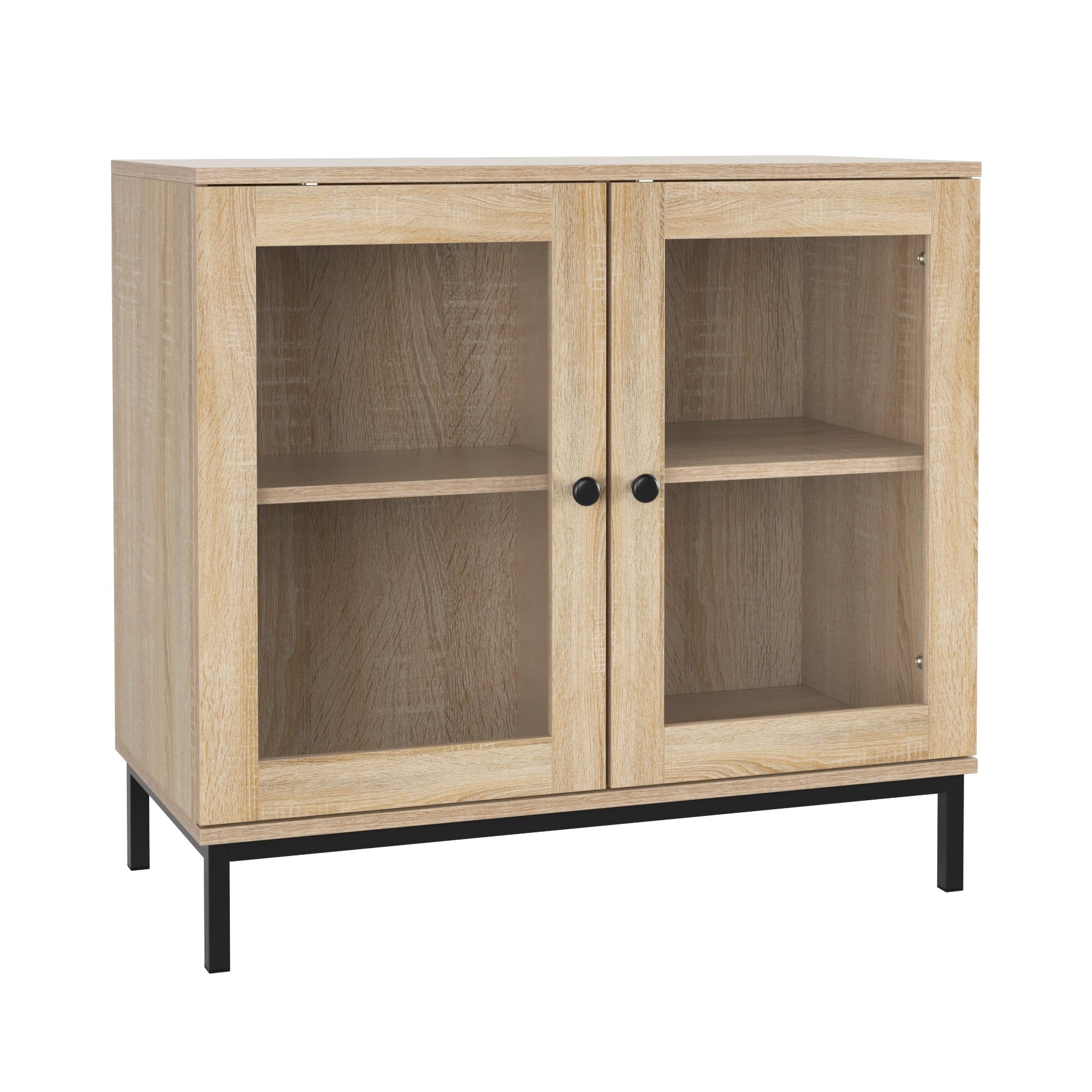 Homfa Wide Accent Cabinet with Glass Doors, Adjustable Shelves Display Cabinet with Metal Base, Oak