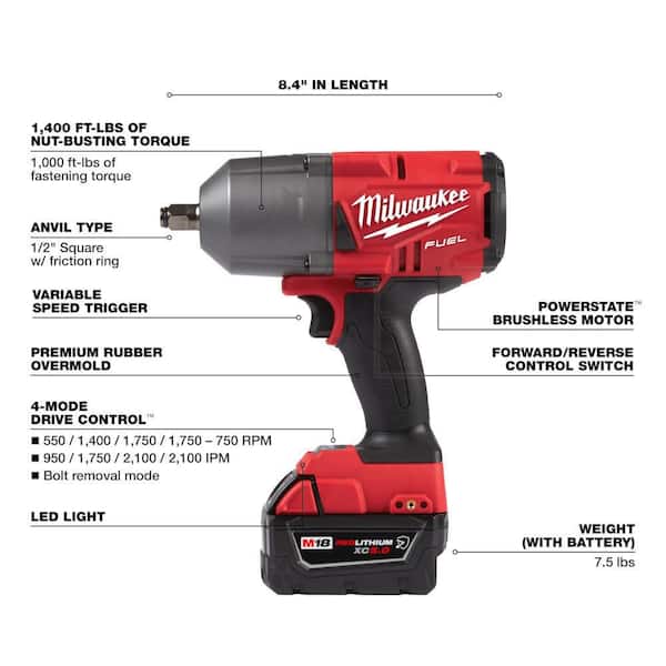 M18 FUEL 18V Lithium-Ion Brushless Cordless 1/2 in. High-Torque Impact Wrench with Grease Gun Kit, Resistant Batteries