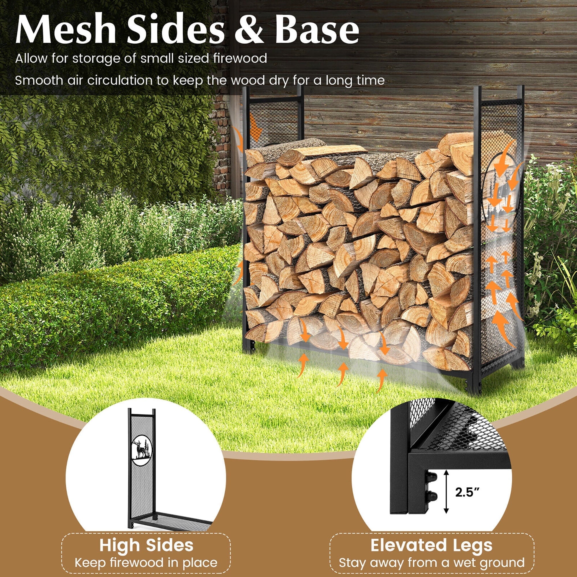 Gymax 4 FT Firewood Rack Stand Heavy-Duty Log Rack Holder with Mesh Sides Black