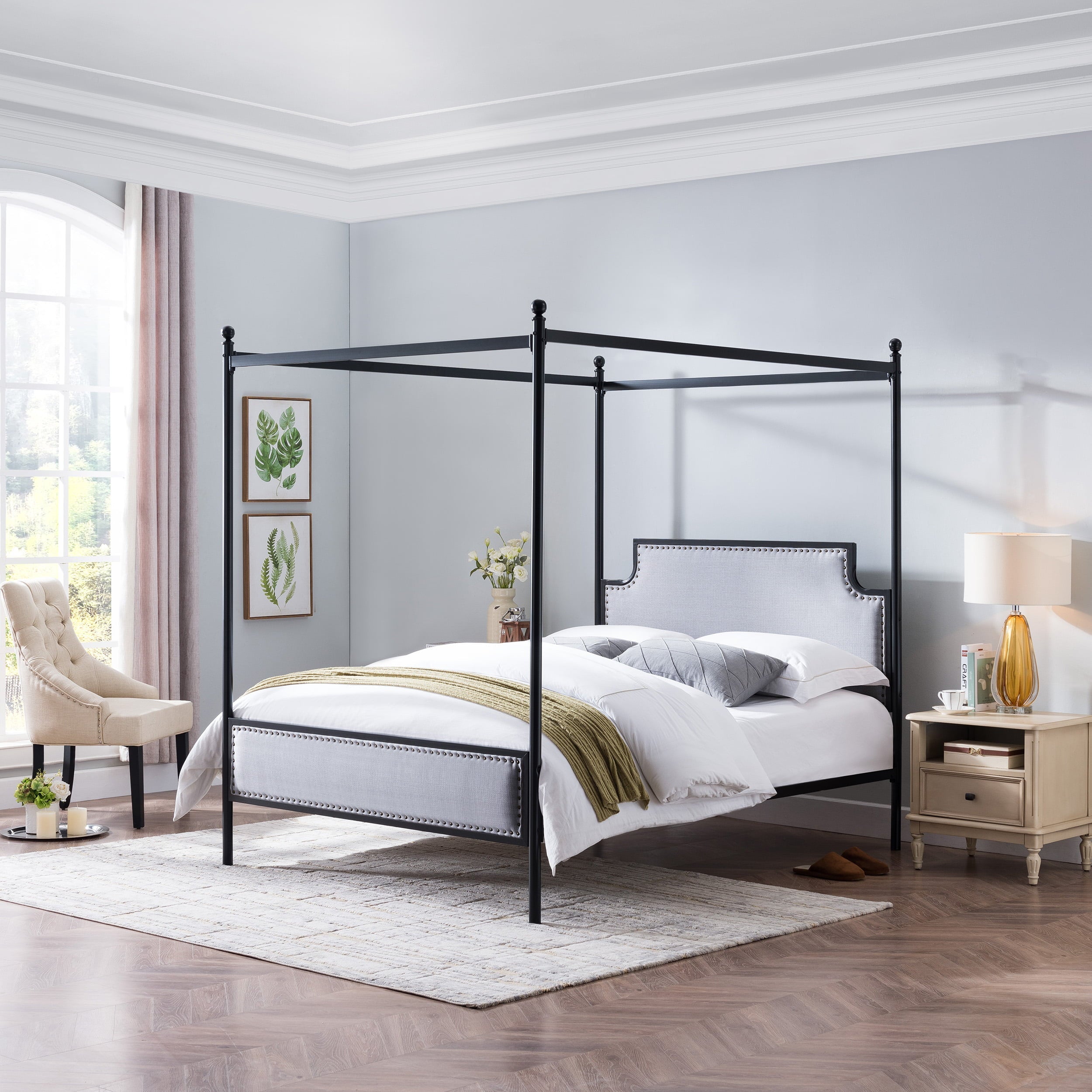 GDF Studio Cabot Contemporary Fabric Queen Canopy Bed Frame, Gray and Flat Black