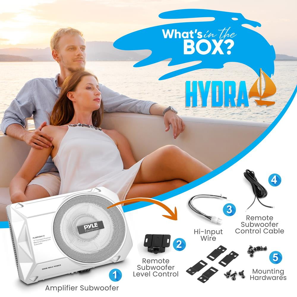 Pyle 10-Inch Low-Profile Amplified 900 Compact Enclosed Active Marine Under seat Car Subwoofer