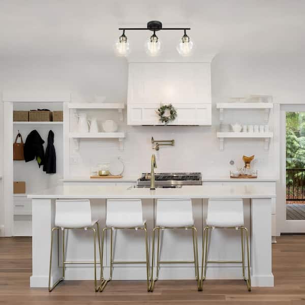 Harrow 2.07 ft. 3-Lights Matte Black Fixed Track Lighting Kit with Brass Accents and Clear Glass Shades, Bulbs Included