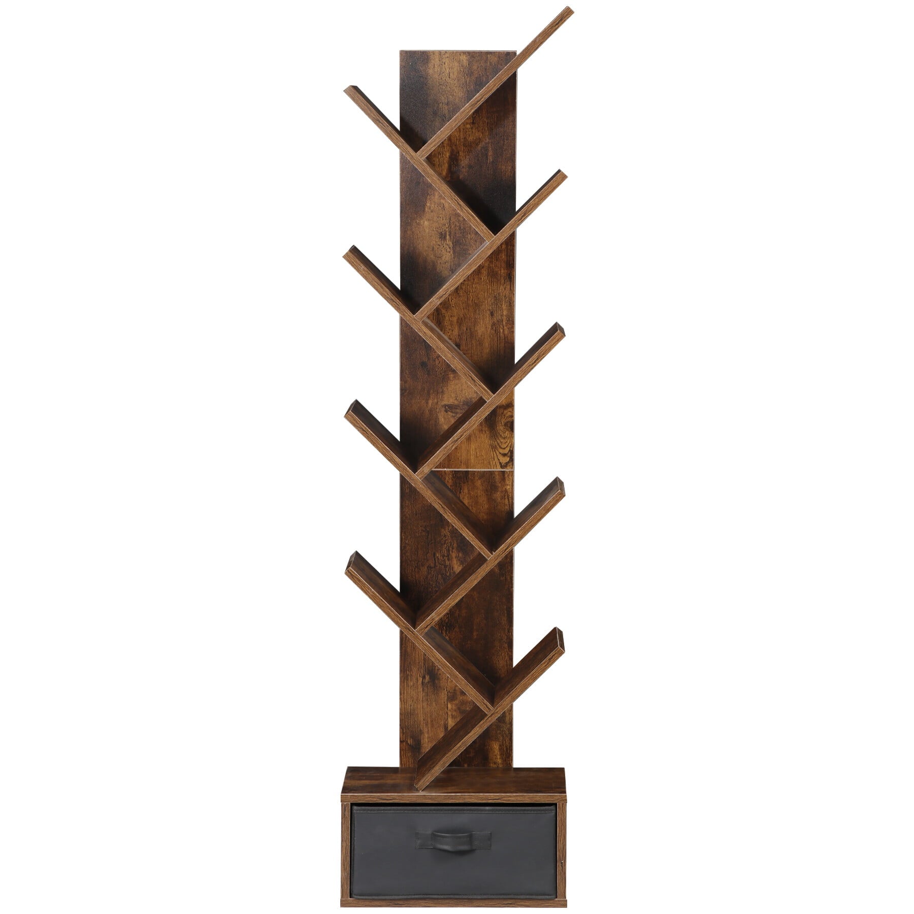HomGarden 9 Tier Tree Bookshelf Modern Storage Rack Floor Bookcase W/Drawer, Rustic Brown