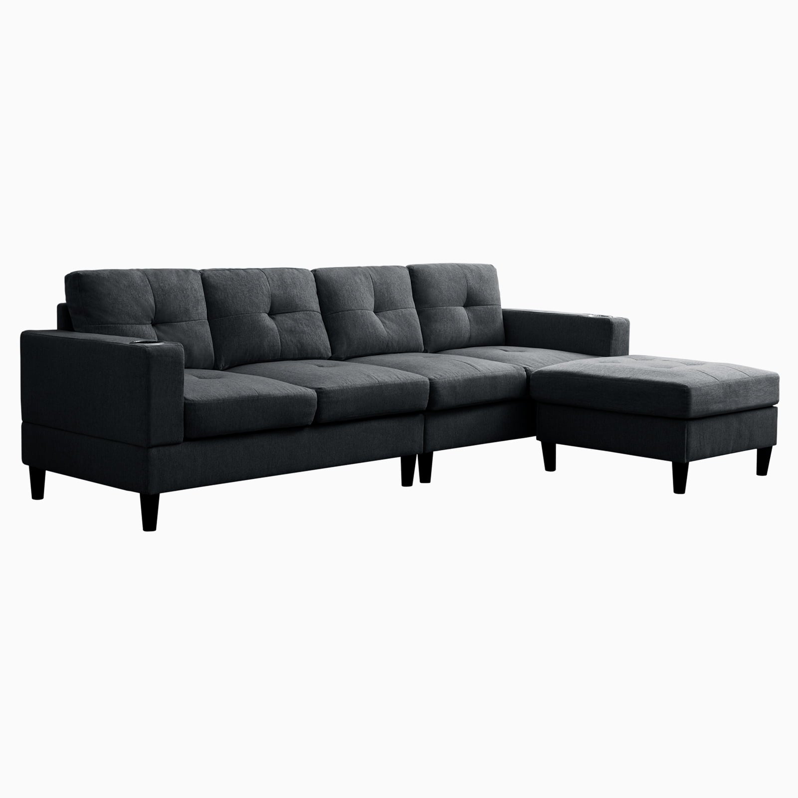 Mjkone Reversible Sectional Sofa, 4 Seat L-Shape Sofa Couches for Living Room, Convertible Sectional Couch with Reversible Chaise, Modular Sectional Couch with 2 Cup Holders for Apartment, Dark Grey