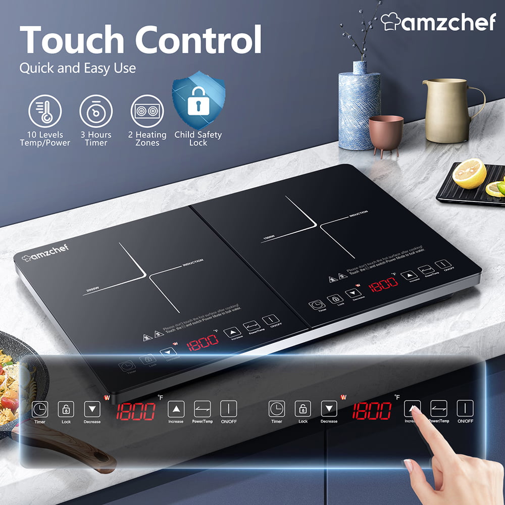 AMZCHEF 1800W Double Induction Cooktop Low Noise with Independent Control 2 Burners, 10 Temperature, 9 Power Levels, 3-hour Timer & Child Safety Lock