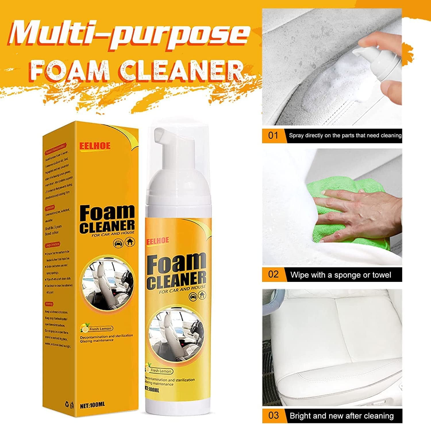 Car Magic Foam Cleaner, Foam Cleaner for Car, Foam Cleaner All Purpose, Neat Freakz Multi-Purpose Foam Cleaner, Powerful Stain Removal Kit (100ml, 3pcs)