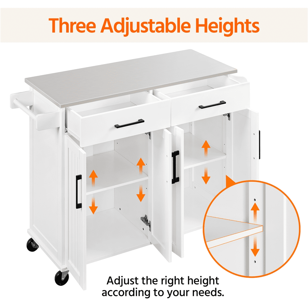 Easyfashion Large Kitchen Island Cart with Stainless steel tabletop, White