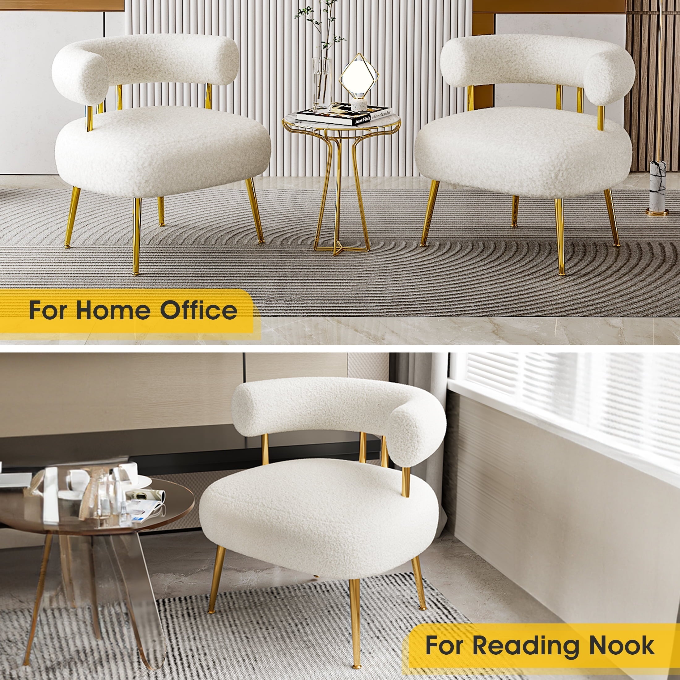 SEYNAR Mid Century Sherpa Boucle Accent Chair, Fluffy Round Upholstered Barrel Side Arm Sofa Chair for Small Spaces(Cream White)