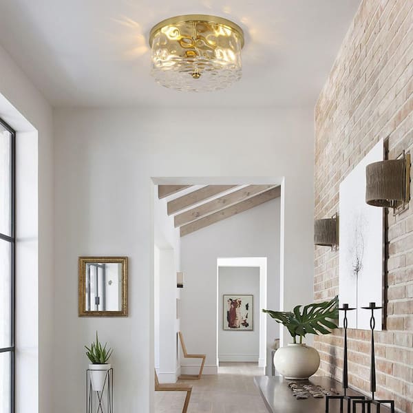 12 in. 2-Light Brass Gold Flush Mount Ceiling Light with Water Rippled Glass Shade