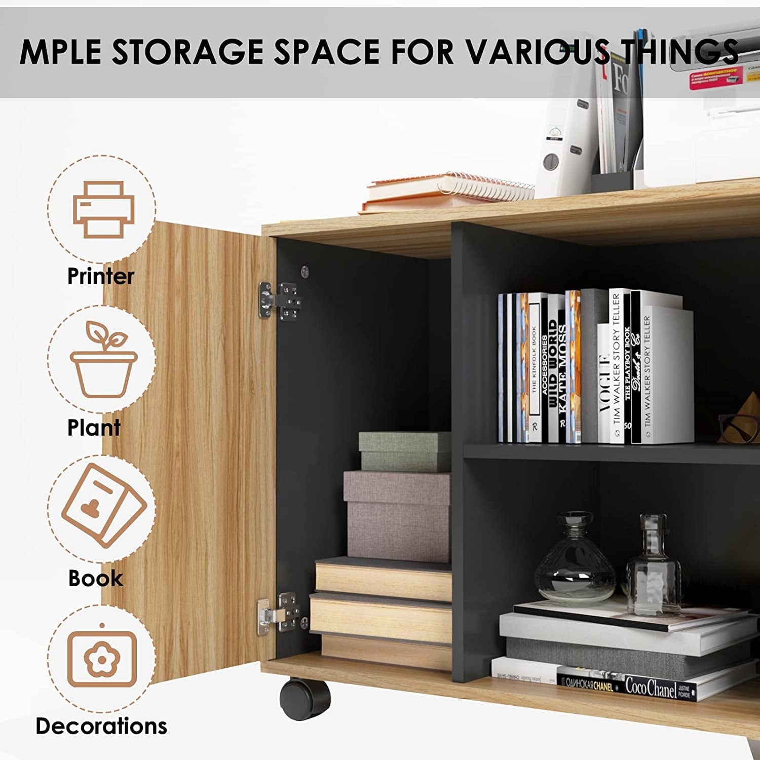 Soges Mobile Lateral File Cabinet Rolling Office Filing Cabinet Printer Stand with Open Storage Shelves, 39 inch Storage Cabinet Brown & Black