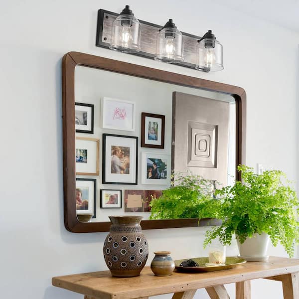 Modern 23 in. 3-Lights Black Bathroom Vanity Light, Farmhouse Wood Grain Wall Sconce with Clear Seeded Glass Shades