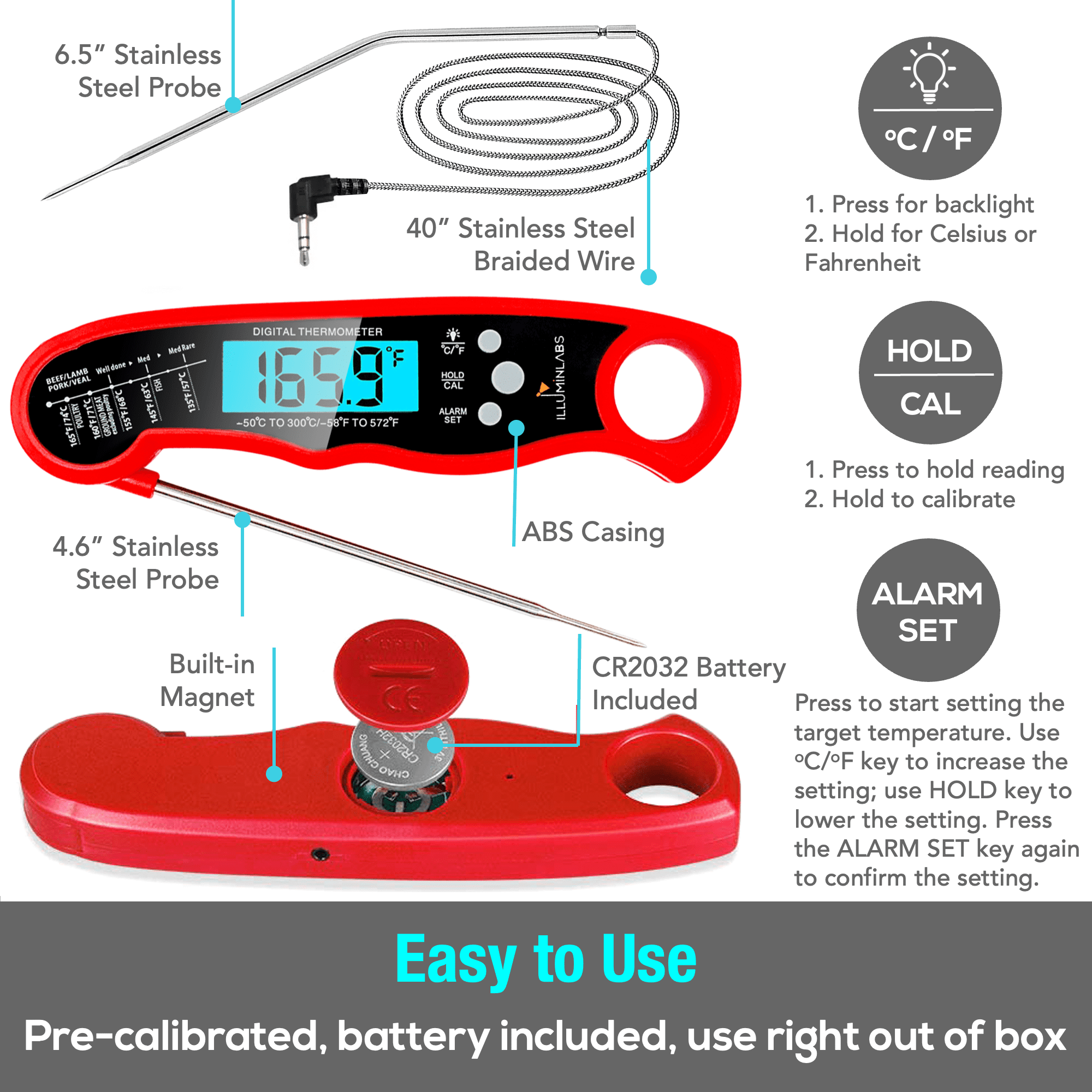 ComfiTime Dual Probe Meat Thermometer - Digital Food Thermometer with Alarm, for Cooking, Candy, Oven, Grill and Deep Fry. Accurate Instant Read or Stay-in-Oven Kitchen Thermometer, Pre-Calibrated