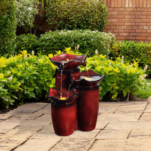 Teamson Home Outdoor Glazed Pot 3 Tier Floor Fountain with LED Light  Pump Red
