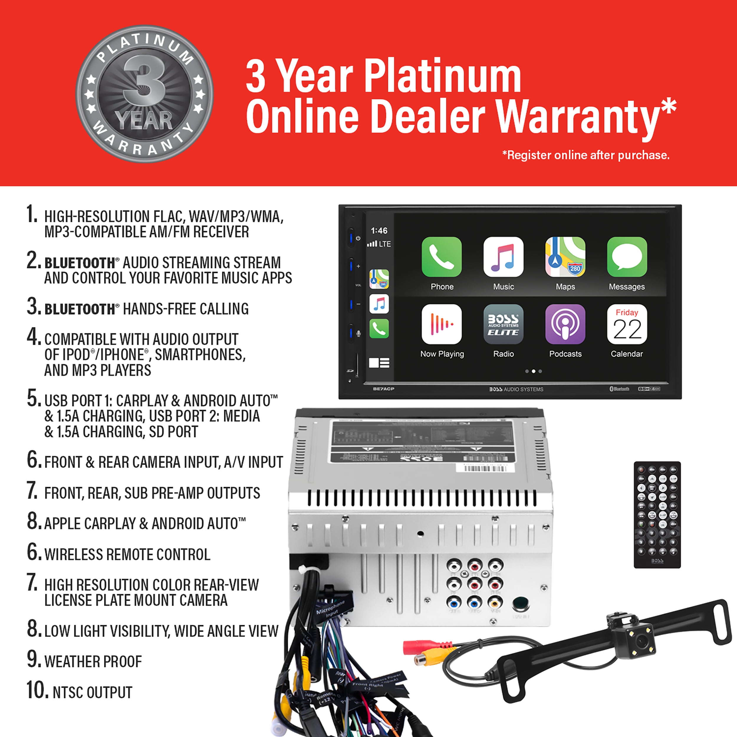 BOSS Audio Systems Elite BE7ACP-C Car Audio Stereo System - Apple CarPlay, Android Auto, 7 inch Double Din, Touchscreen, Bluetooth Head Unit, Radio Receiver, No CD Player, Backup Camera, for Amplifier