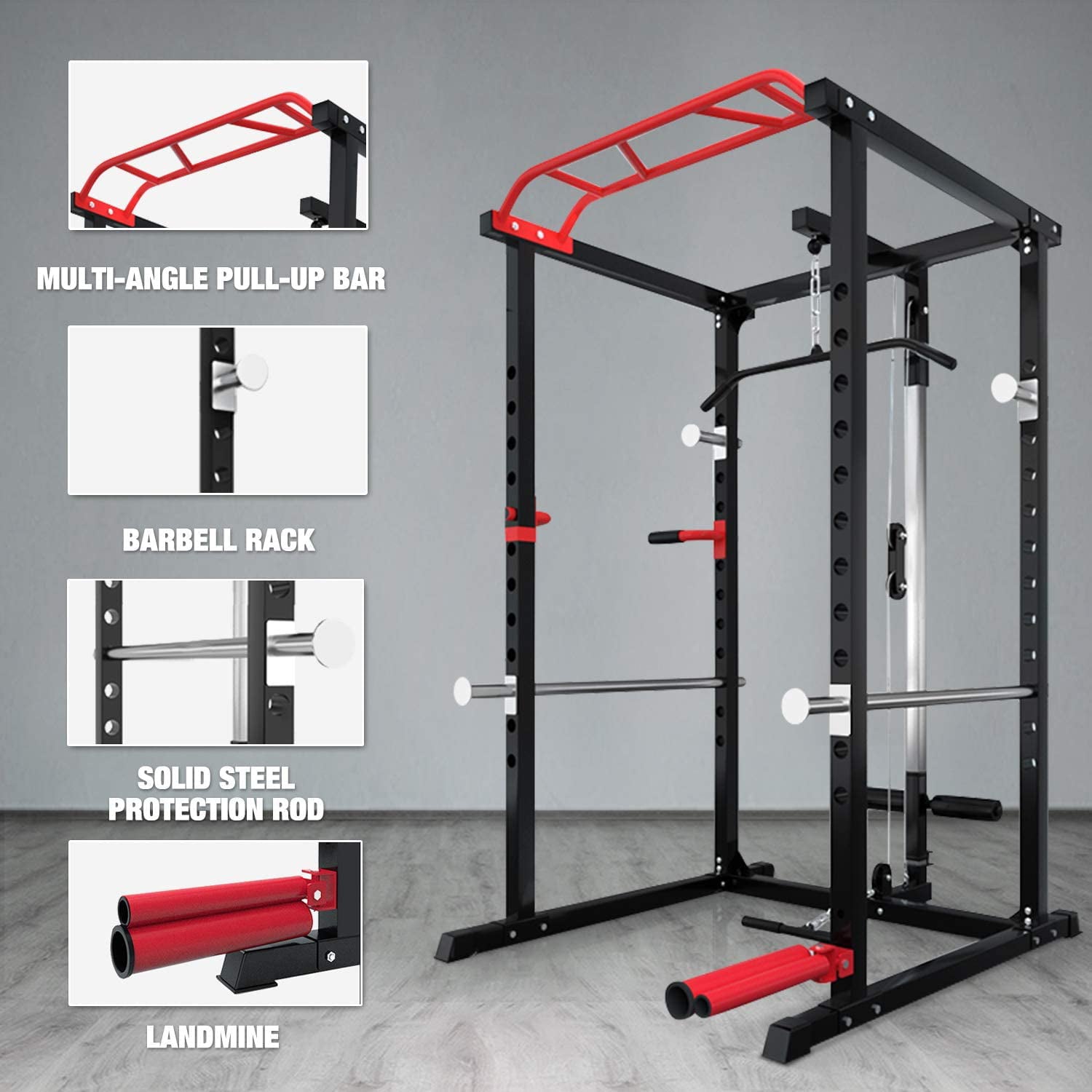 SPARTAN 1500 Lb. Capacity Exercise Power Cage Rack with Lat pull down, J-hook, Pulley system, Squat Rack with Landmine and Safety Bar