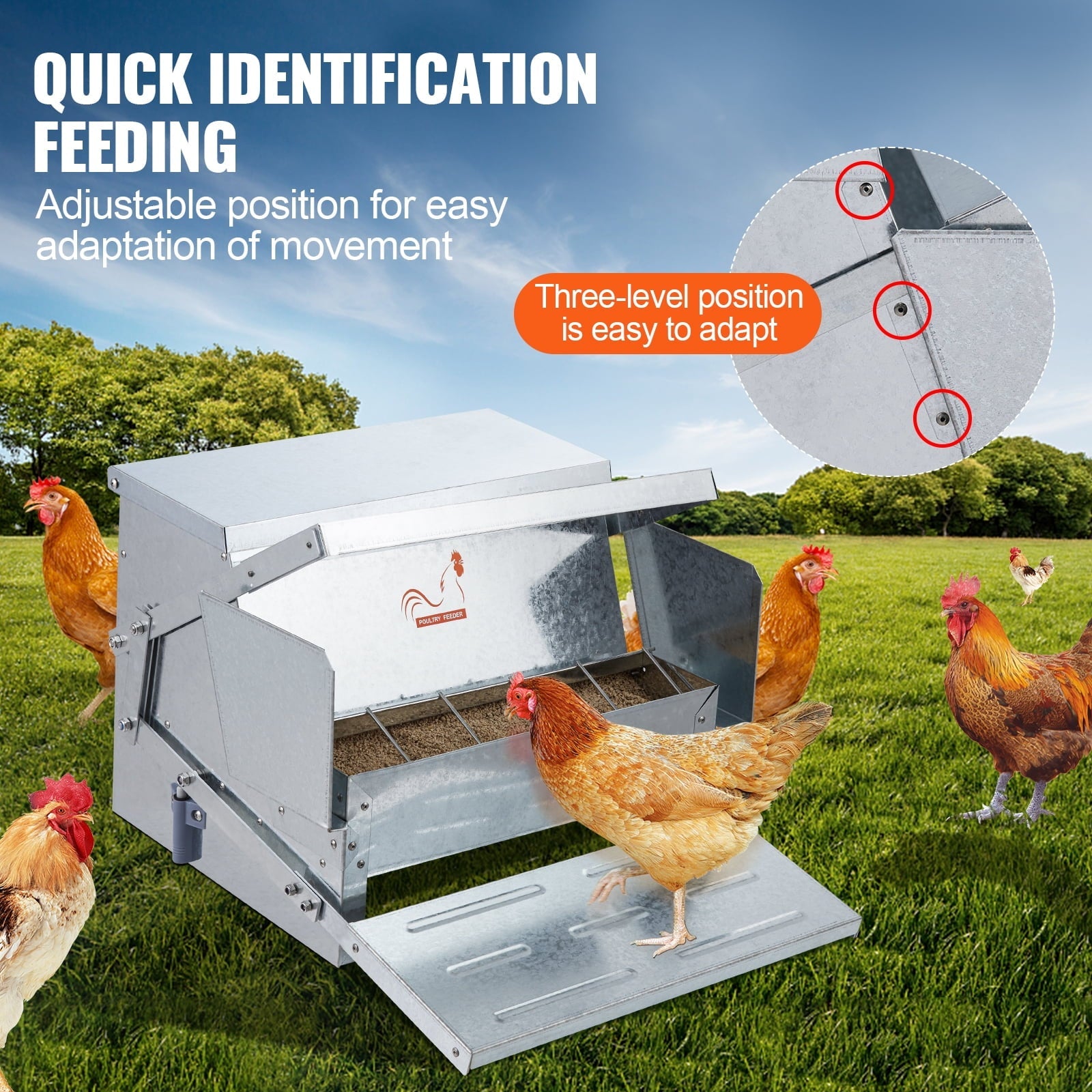 BENTISM Automatic Chicken Feeder, 25 lbs Capacity Feeds 10 Chickens up to 11 Days, Galvanized Steel Poultry Feeder with Waterproof Lid, Bird Rat Prevention, for Chickens, Pheasants, or Roosters