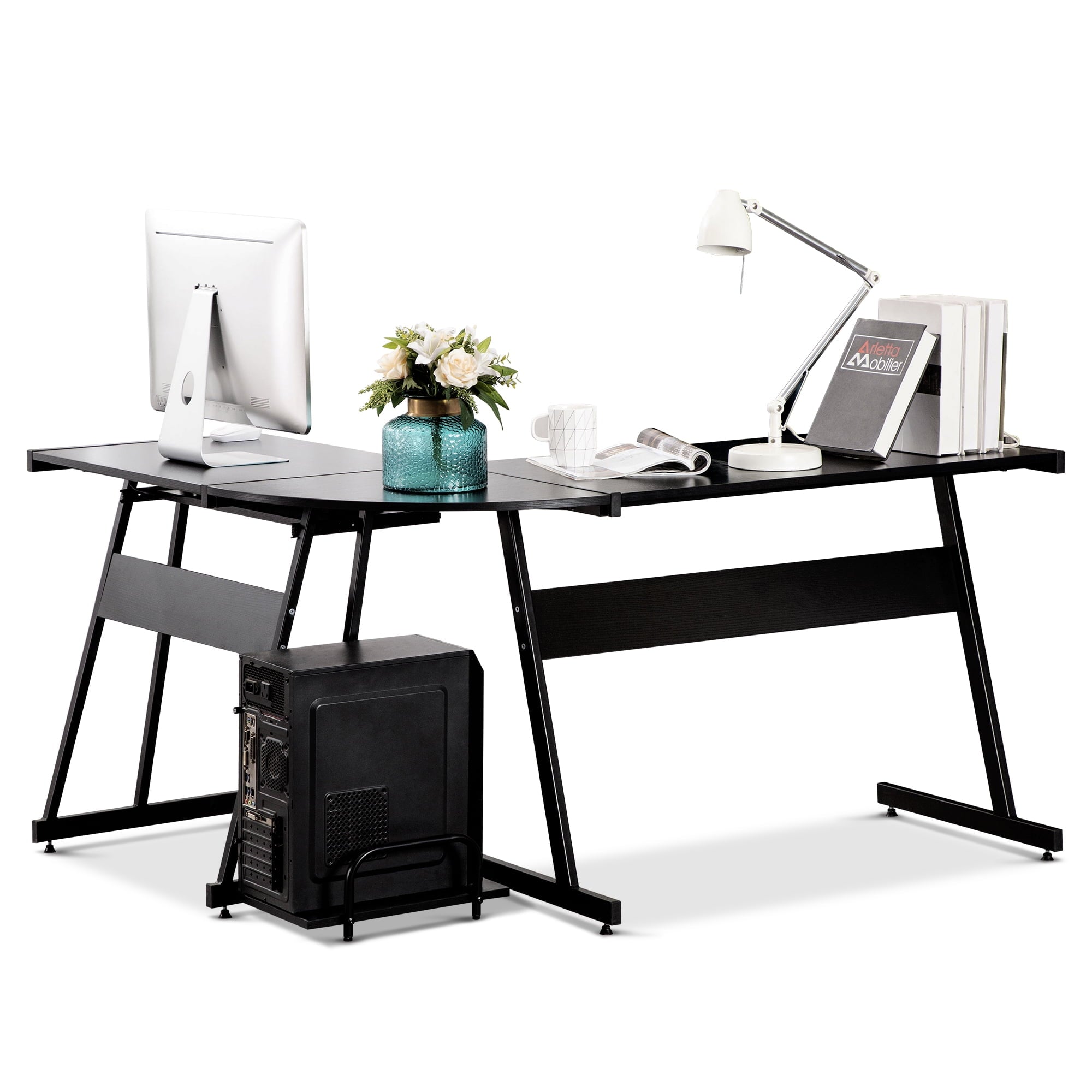 Ivinta Furniture Computer Desk Gaming Reversible Black L-Shaped Corner Desk with Keyboard Tray