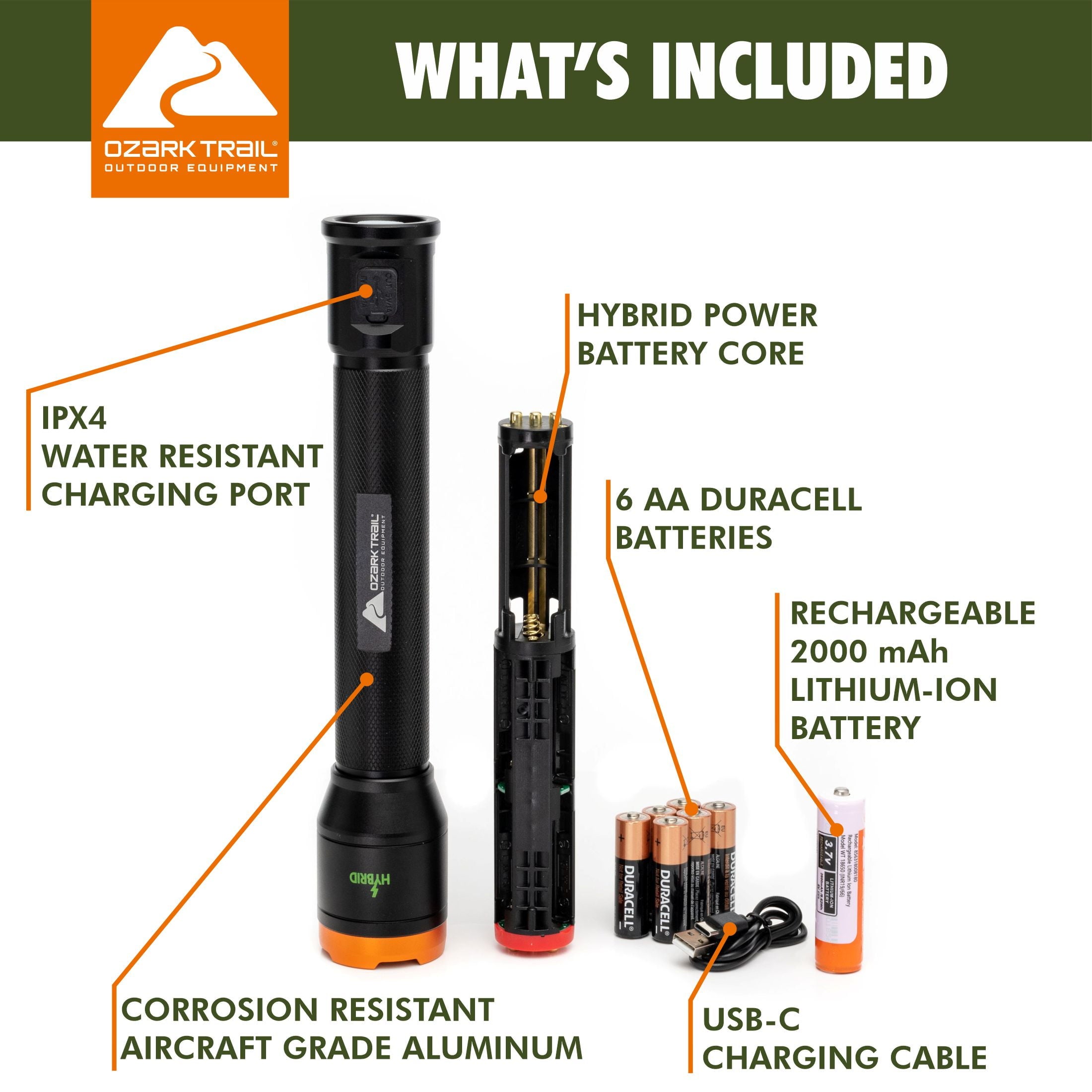 Ozark Trail 1600 Lumens LED Hybrid Power Flashlight (Alkaline and Rechargeable Battery Included)