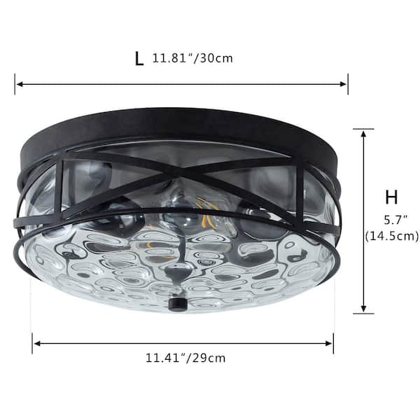 11.4 in. 2-Light Farmhouse Flush Mount Ceiling Light Fixture with Water Ripple Glass Shade