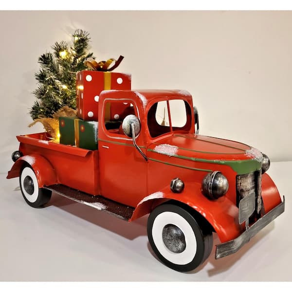 19 in. Snow Covered Pickup Truck with Lighted Christmas Tree and Gifts