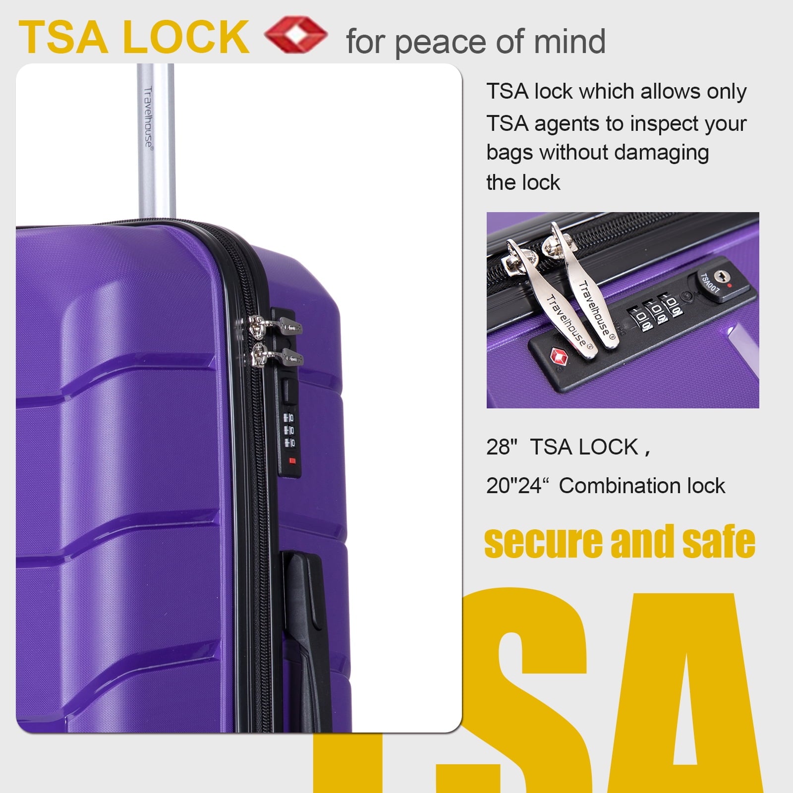 Tripcomp Hardshell Luggage Set,Carry-on,Lightweight Suitcase Set of 3Piece with Spinner Wheels,TSA Lock,20inch/24inch/28inch(Purple)