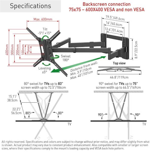 Barkan 13 in. - 80 in. Full Motion - 4 Movement Extra-Long Dual Arm Flat/Curved TV Wall Mount Black Extremely Extendable