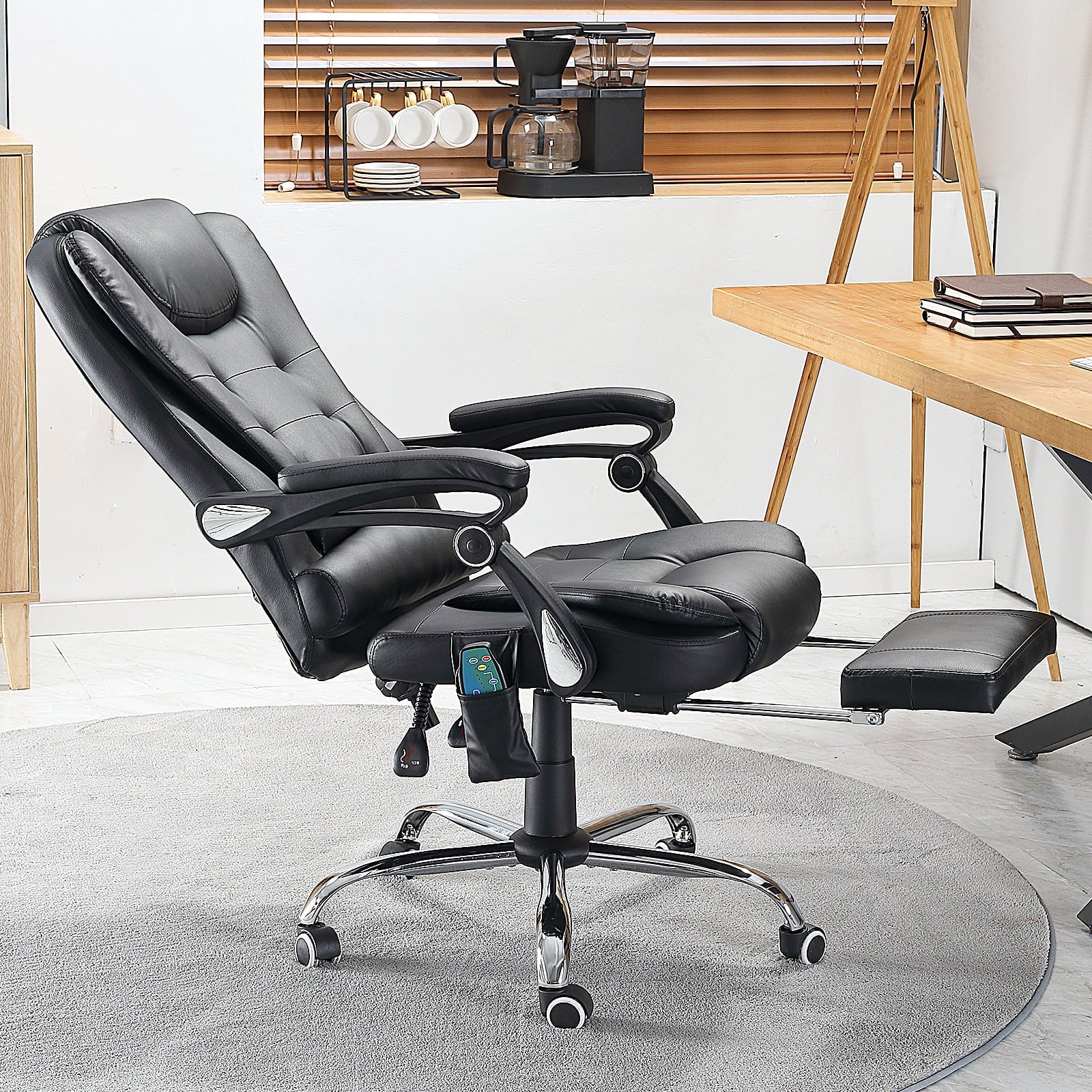 YODOLLA Ergonomic Office Chair with Heated 7 Points Massage Retractable Footrest, High Back Swivel Leather Chair Big and Tall Heated Reclining Office Chair, Black