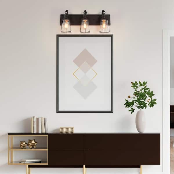 Farmhouse Rustic Oil-Rubbed Bronze Vanity Light, 22 in. 3-Light Cage Bathroom Wall Sconce with Seeded Glass Shades