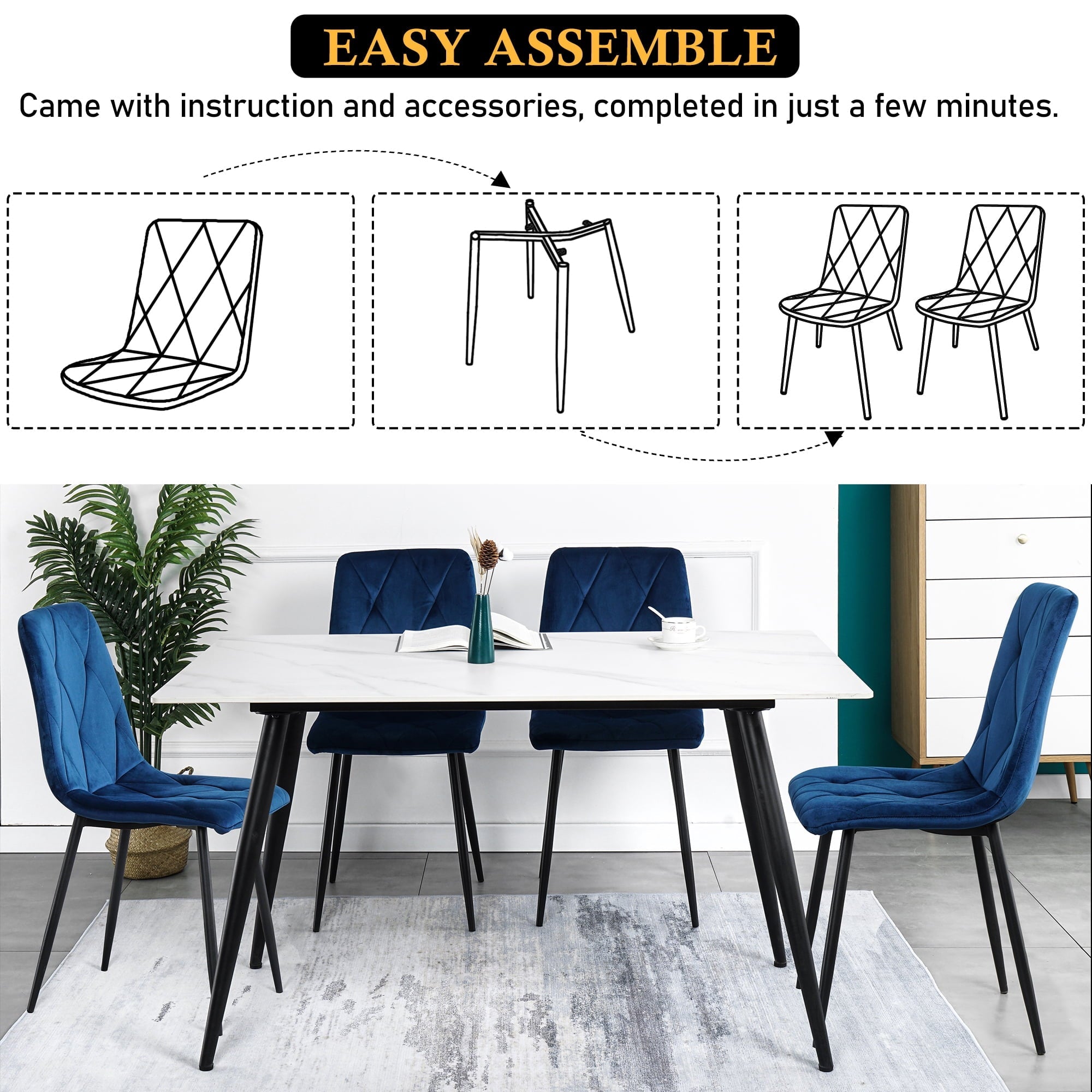YEAG Velvet Dining Chair,Armless Modern Side Chair,Set of 4,Blue