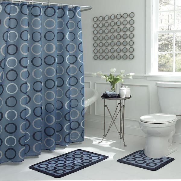 Terrell Light Blue/Navy 15-Piece Bath Rug and Shower Curtain Set