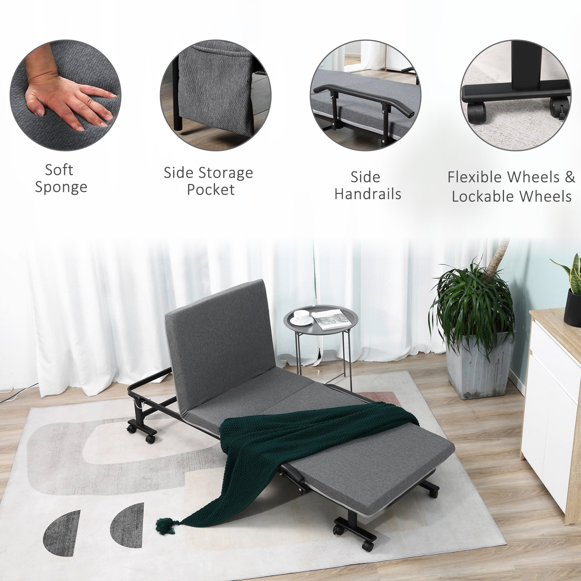 HOMCOM Folding Bed with Mattress & Wheels, Adjustable Backrest, Dark Grey