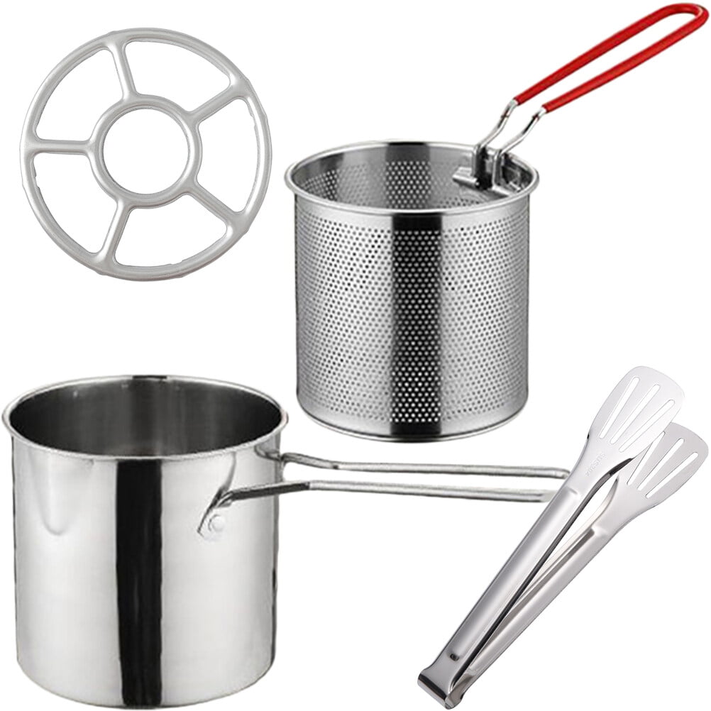 1 Set Food Fryer Stainless Steel Frying Cookware Snack Fry Basket Fryer Pot with Tong Stove Ring