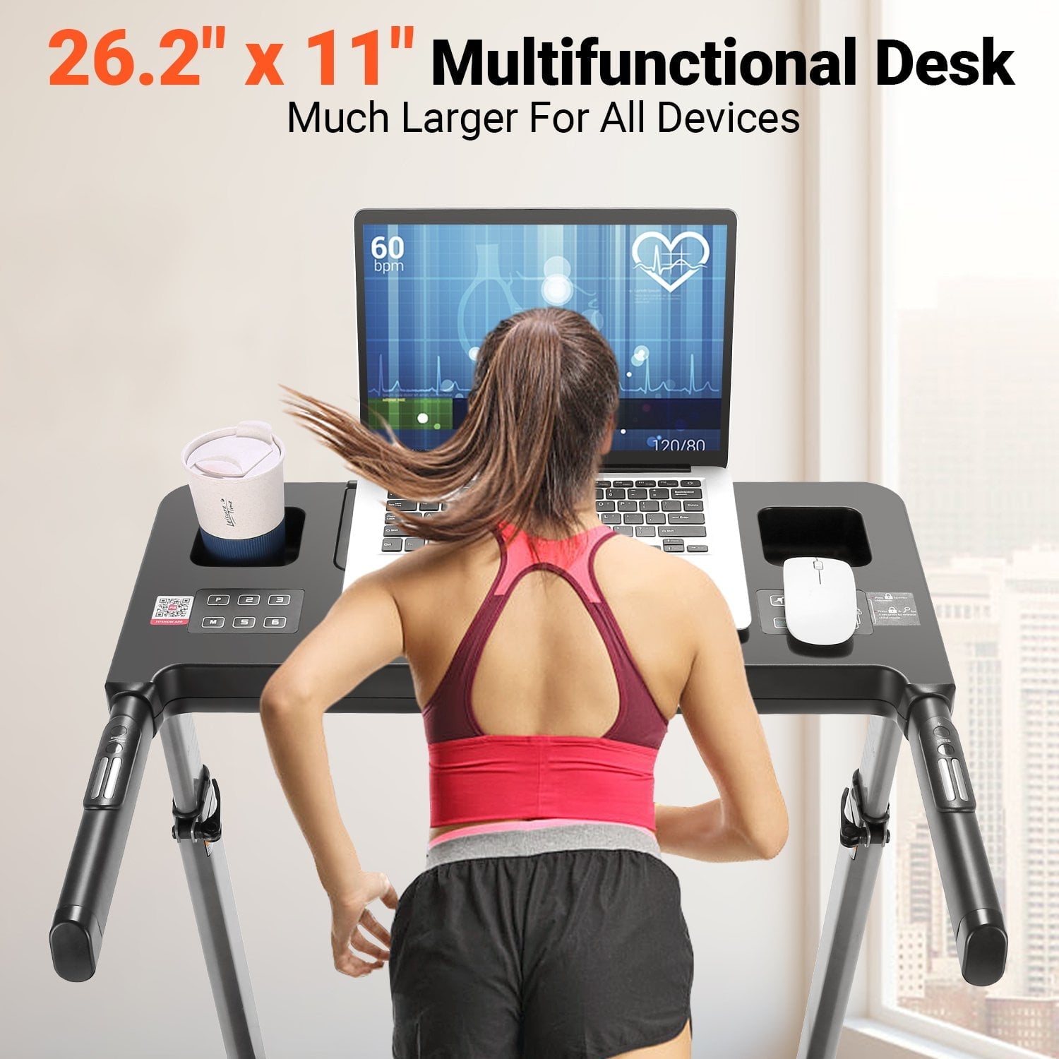 Adnoom 2.5HP Treadmill with Adjustable Desk, 300LBS Folding Incline Treadmill with Incline, Portable Running Walking Machine with Bluetooth Music & APP for Home Office, Easy Assembly
