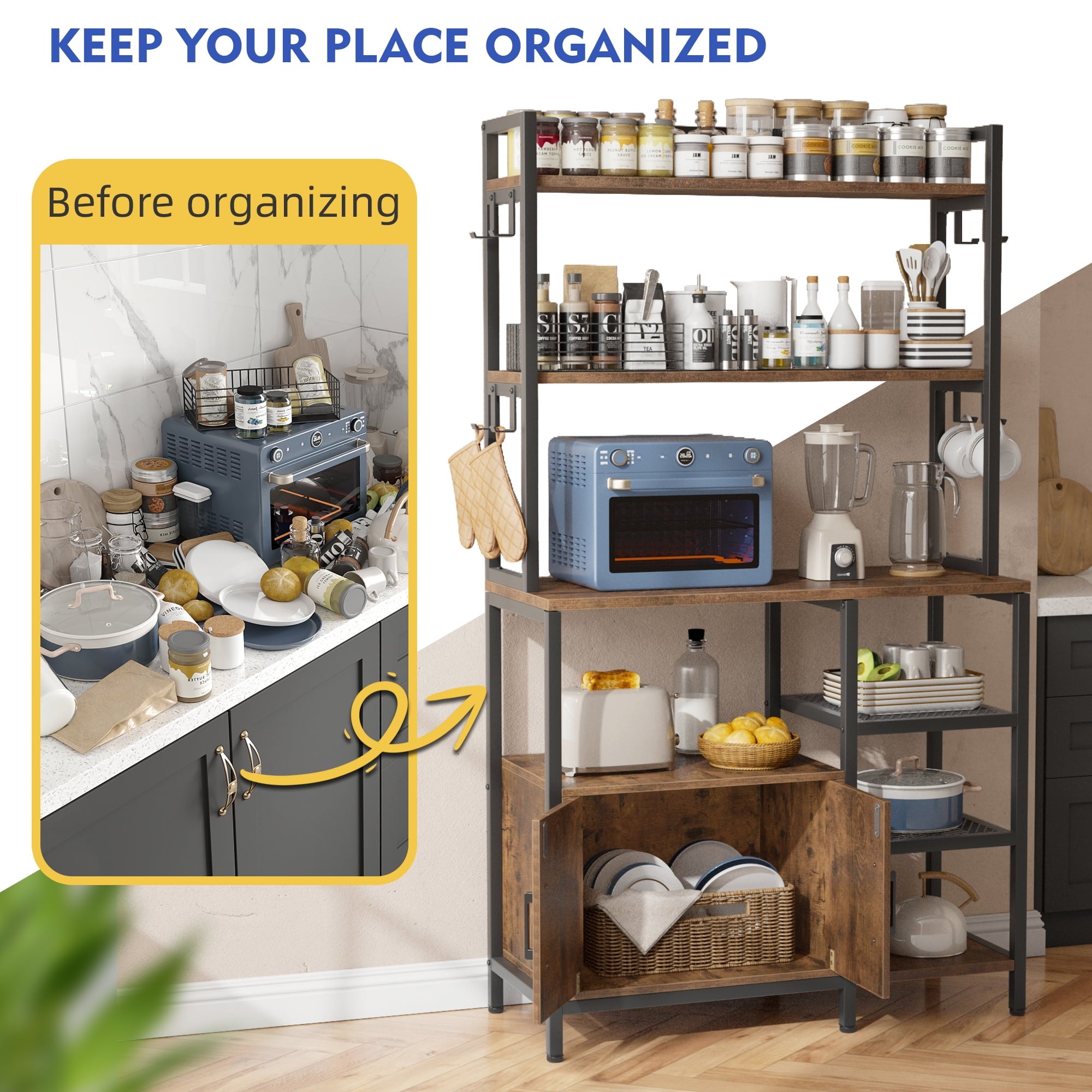 EnHomee 6 Tier Kitchen Bakers Rack Microwave Oven Stand with Storage Coffee Bar with Shelves Cabinet Hooks, 29.5