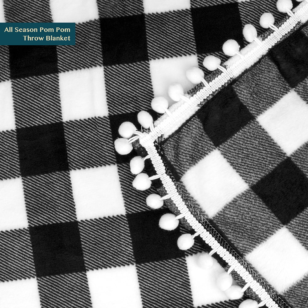 PAVILIA Fleece Throw Blanket with Pom Pom Fringe | Buffalo Plaid Checkered White, Black Flannel Throw | Super Soft Lightweight Microfiber Polyester | Plush, Fuzzy, Cozy | 50 x 60 Inches